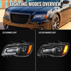2011-2014 Chrysler 300 Projector Headlights LED DRL w/ Amber Turn Signal (Matte Black Housing / Clear Lens)