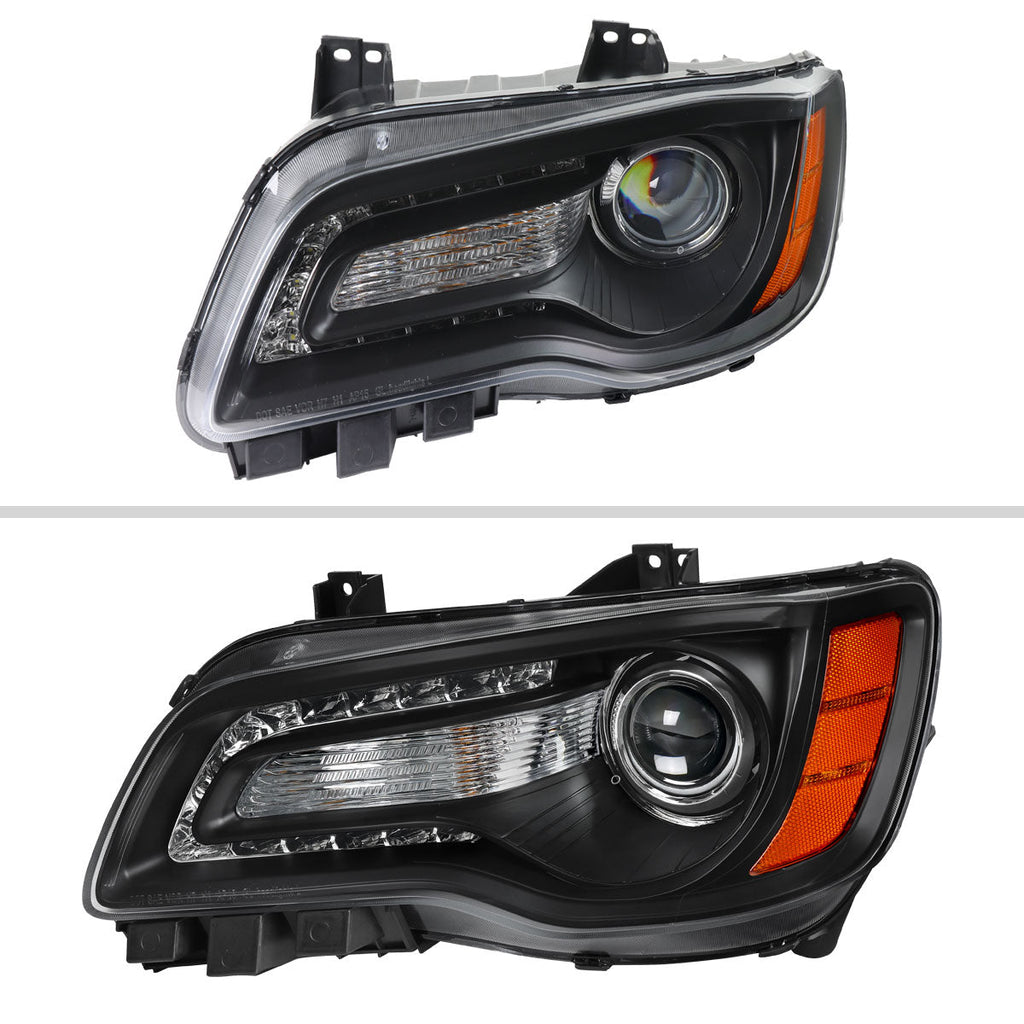 2011-2014 Chrysler 300 Projector Headlights LED DRL w/ Amber Turn Signal (Matte Black Housing / Clear Lens)
