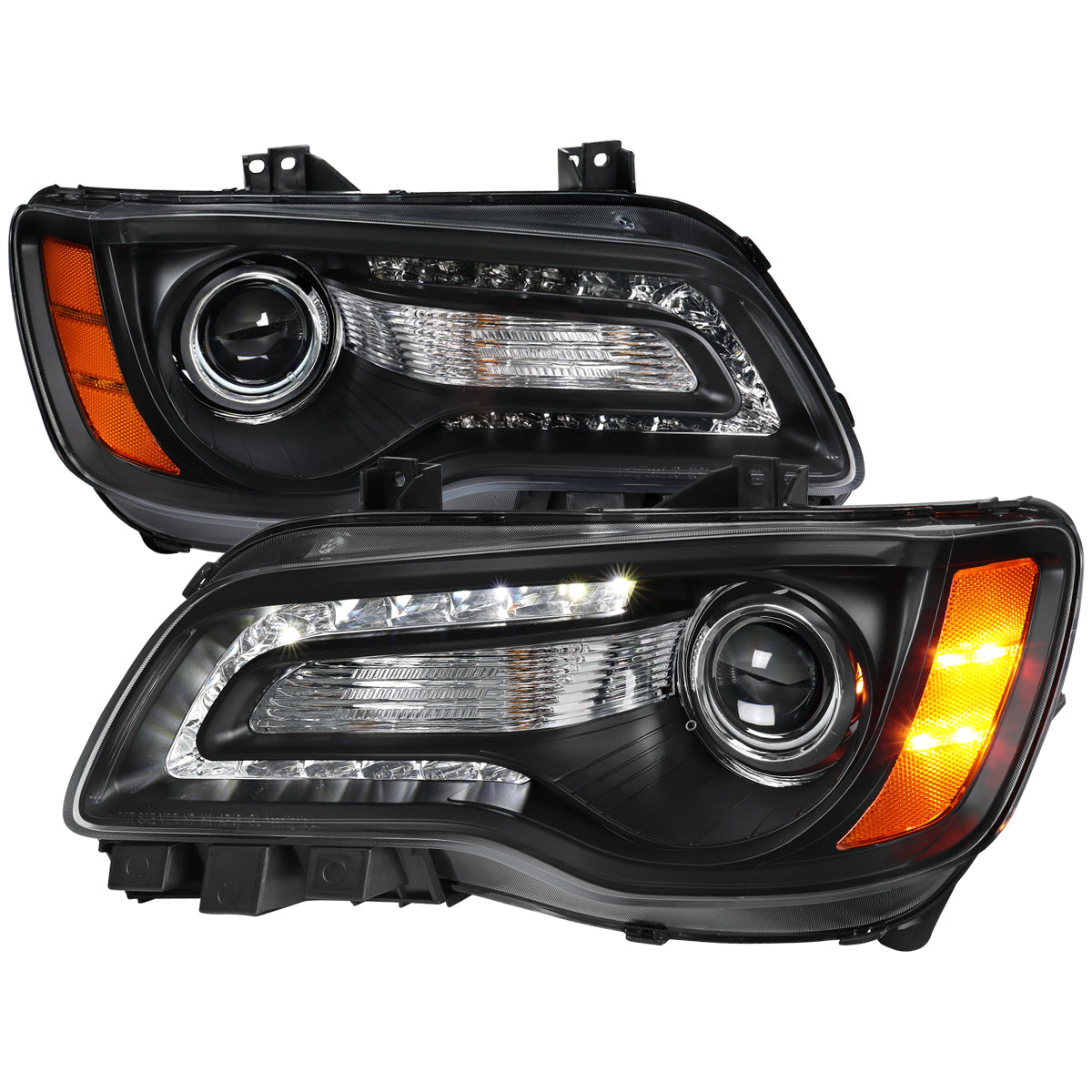 2011-2014 Chrysler 300 Projector Headlights LED DRL w/ Amber Turn Signal (Matte Black Housing / Clear Lens)