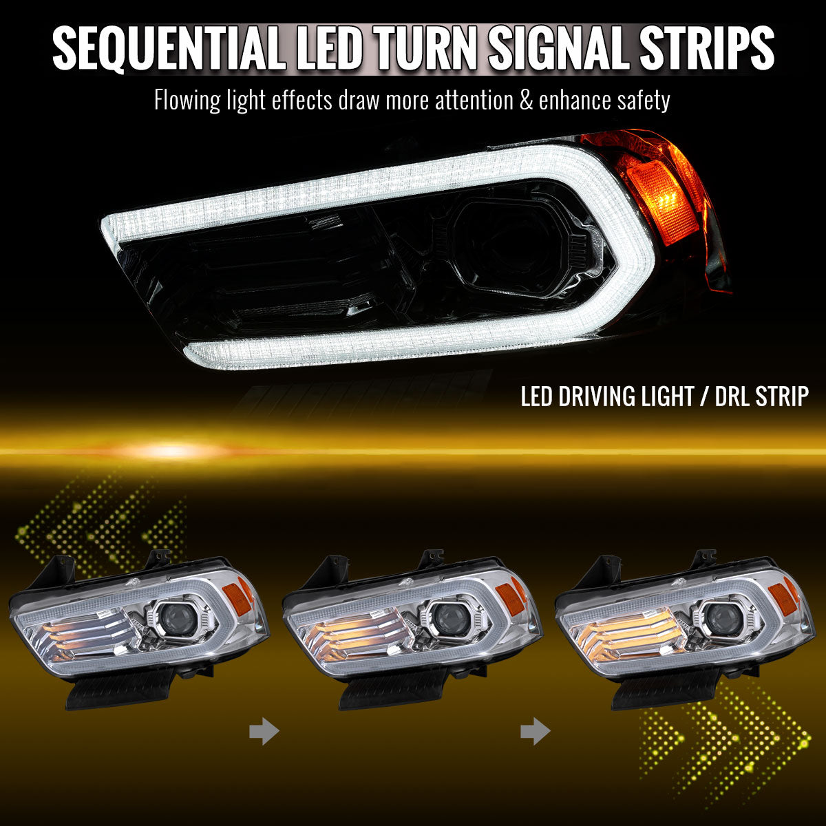 2011-2014 Dodge Charger LD Projector Headlights w/ LED DRL Light Strip Sequential Turn Signal and Side Marker (Chrome Housing / Clear Lens)