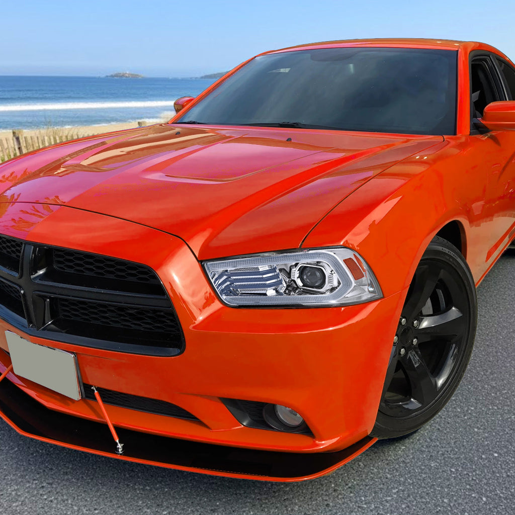 2011-2014 Dodge Charger LD Projector Headlights w/ LED DRL Light Strip Sequential Turn Signal and Side Marker (Chrome Housing / Clear Lens)