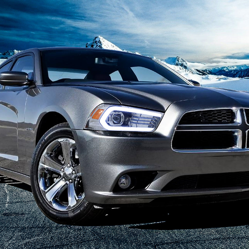 2011-2014 Dodge Charger LD Projector Headlights w/ LED DRL Light Strip Sequential Turn Signal and Side Marker (Chrome Housing / Clear Lens)