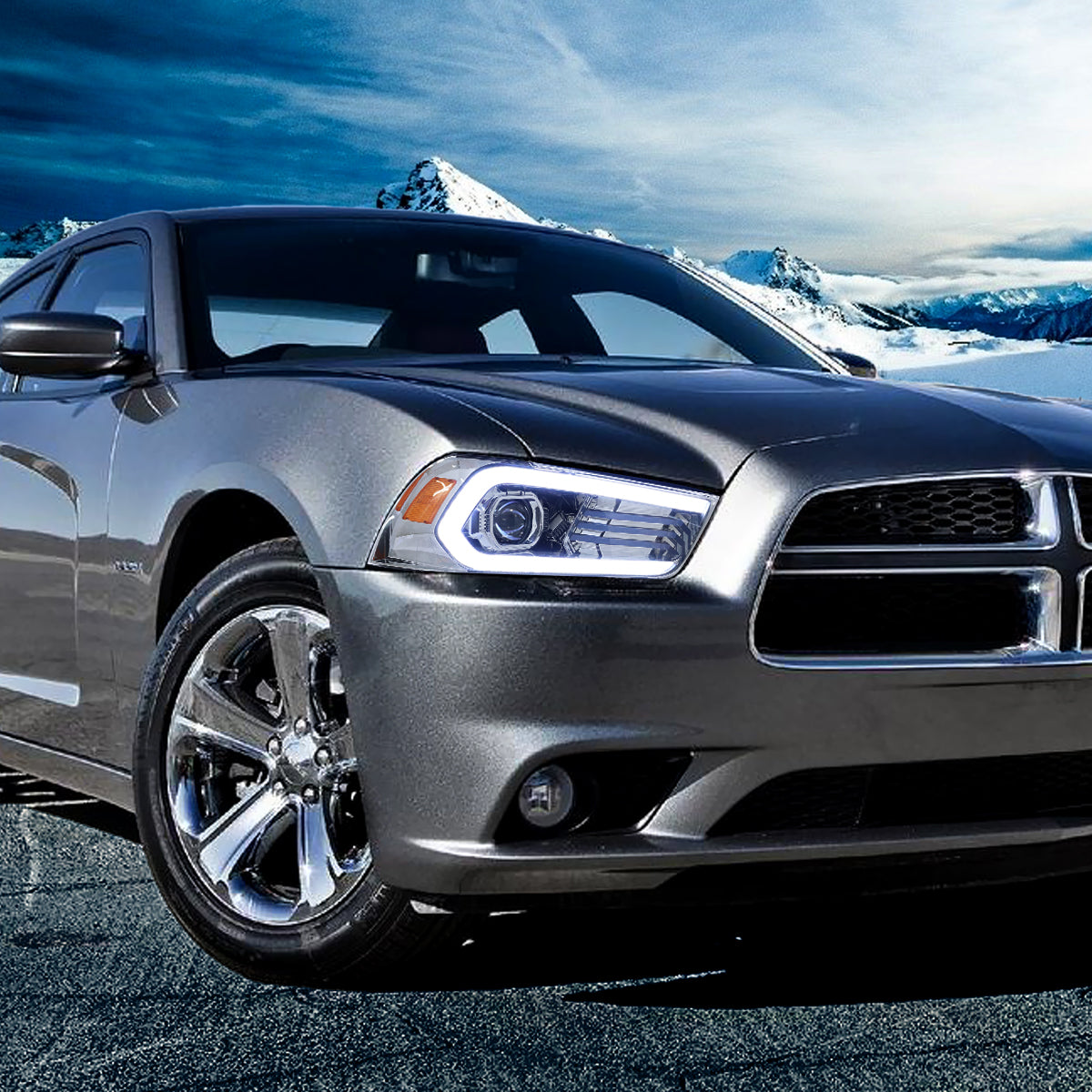 2011-2014 Dodge Charger LD Projector Headlights w/ LED DRL Light Strip Sequential Turn Signal and Side Marker (Chrome Housing / Clear Lens)
