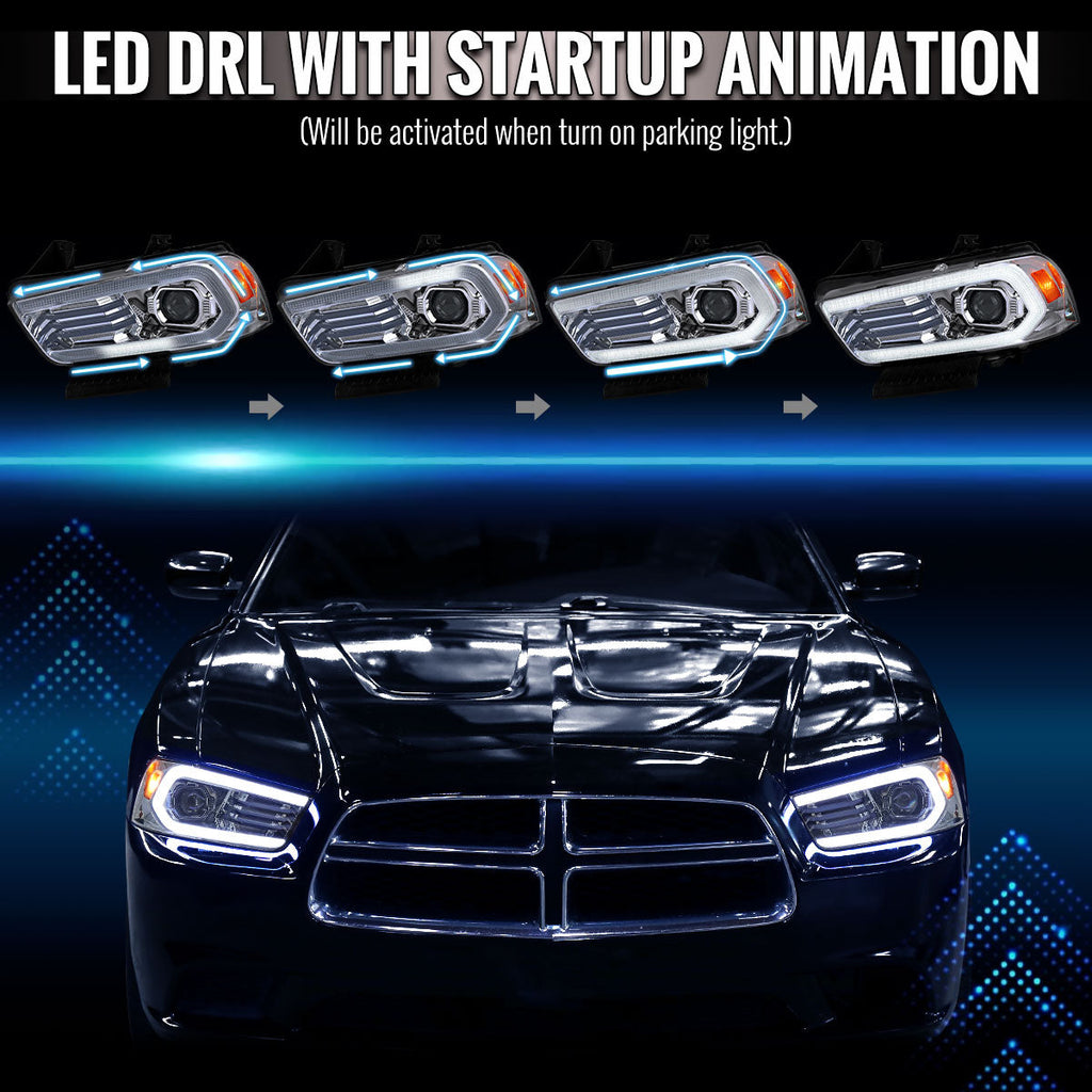 2011-2014 Dodge Charger LD Projector Headlights w/ LED DRL Light Strip Sequential Turn Signal and Side Marker (Chrome Housing / Clear Lens)