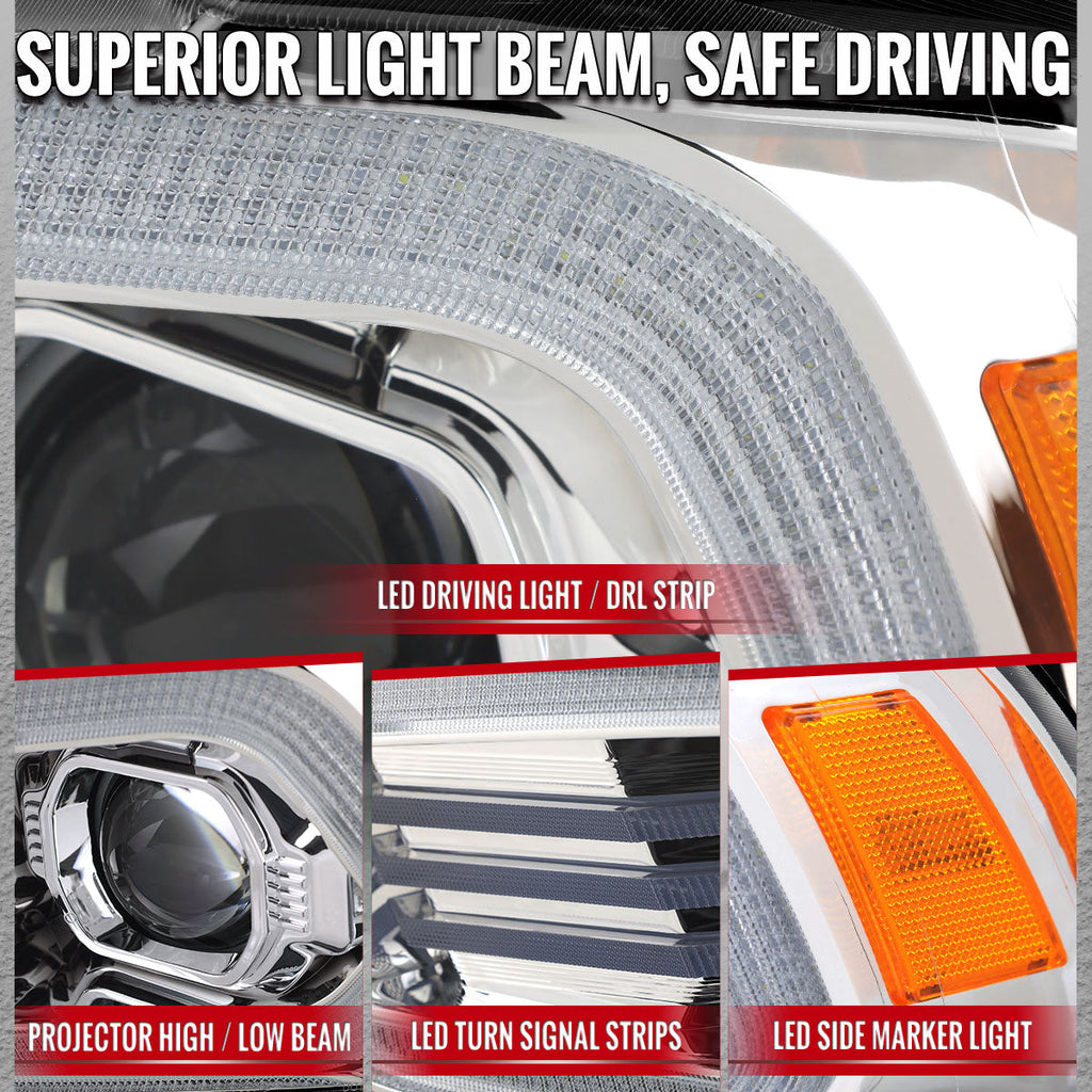 2011-2014 Dodge Charger LD Projector Headlights w/ LED DRL Light Strip Sequential Turn Signal and Side Marker (Chrome Housing / Clear Lens)