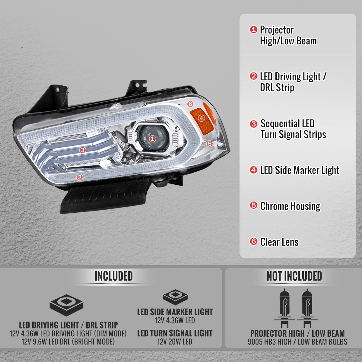 2011-2014 Dodge Charger LD Projector Headlights w/ LED DRL Light Strip Sequential Turn Signal and Side Marker (Chrome Housing / Clear Lens)