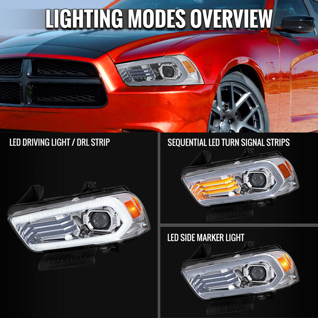 2011-2014 Dodge Charger LD Projector Headlights w/ LED DRL Light Strip Sequential Turn Signal and Side Marker (Chrome Housing / Clear Lens)