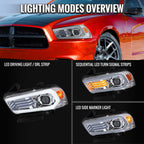 2011-2014 Dodge Charger LD Projector Headlights w/ LED DRL Light Strip Sequential Turn Signal and Side Marker (Chrome Housing / Clear Lens)