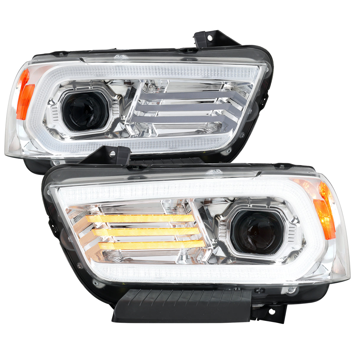 2011-2014 Dodge Charger LD Projector Headlights w/ LED DRL Light Strip Sequential Turn Signal and Side Marker (Chrome Housing / Clear Lens)