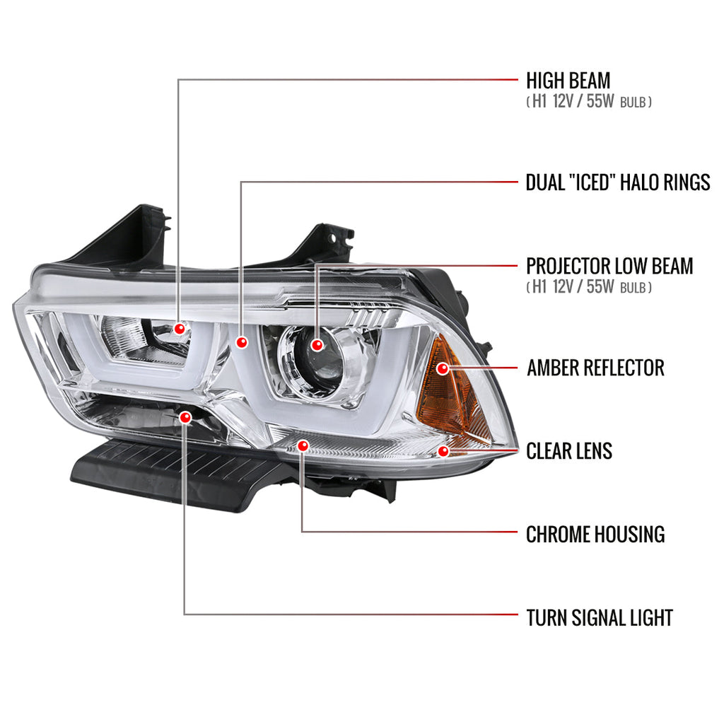 2011-2014 Dodge Charger LD Dual LED U-Bar Projector Headlights (Chrome Housing / Clear Lens)