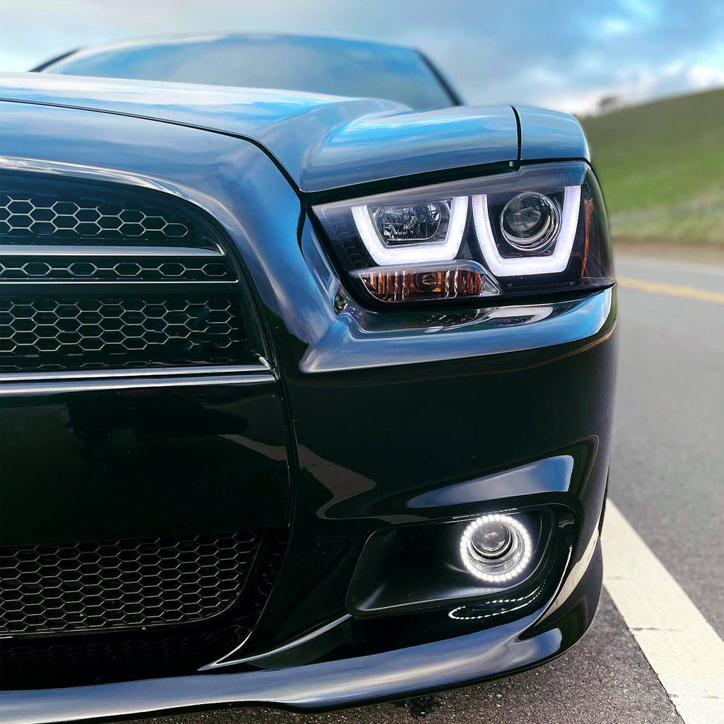 2011-2014 Dodge Charger LD Dual LED U-Bar Projector Headlights (Glossy Black Housing / Smoked Lens)