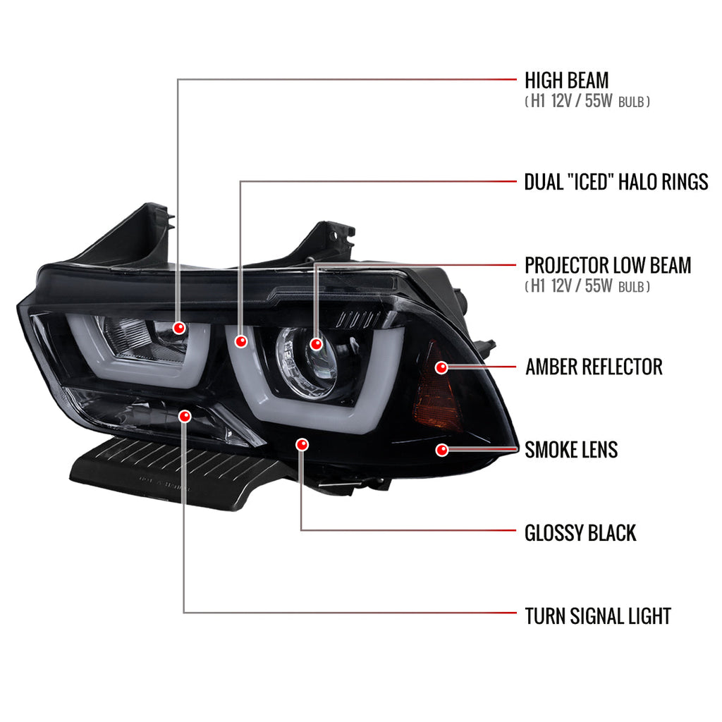 2011-2014 Dodge Charger LD Dual LED U-Bar Projector Headlights (Glossy Black Housing / Smoked Lens)