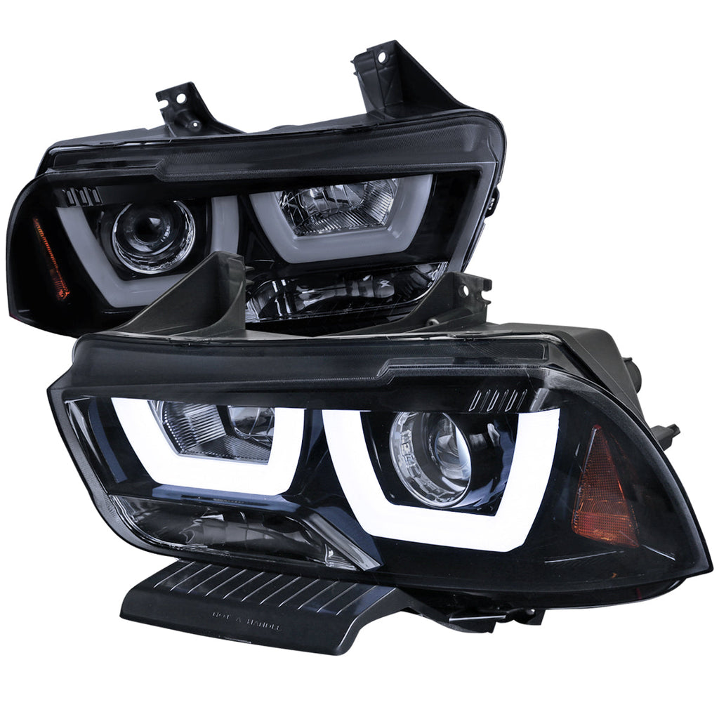 2011-2014 Dodge Charger LD Dual LED U-Bar Projector Headlights (Glossy Black Housing / Smoked Lens)