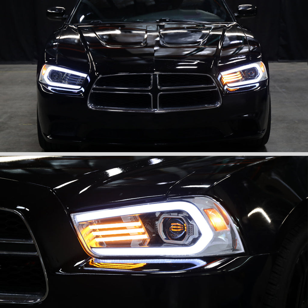 2011-2014 Dodge Charger LD HID Projector Headlights w/ LED DRL Light Strip Sequential Turn Signal and Side Marker (Chrome Housing / Clear Lens)