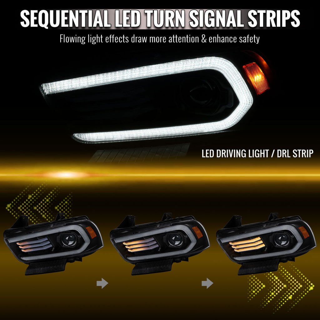 2011-2014 Dodge Charger LD HID Projector Headlights w/ LED DRL Light Strip Sequential Turn Signal and Side Marker (Black Housing / Clear Lens)