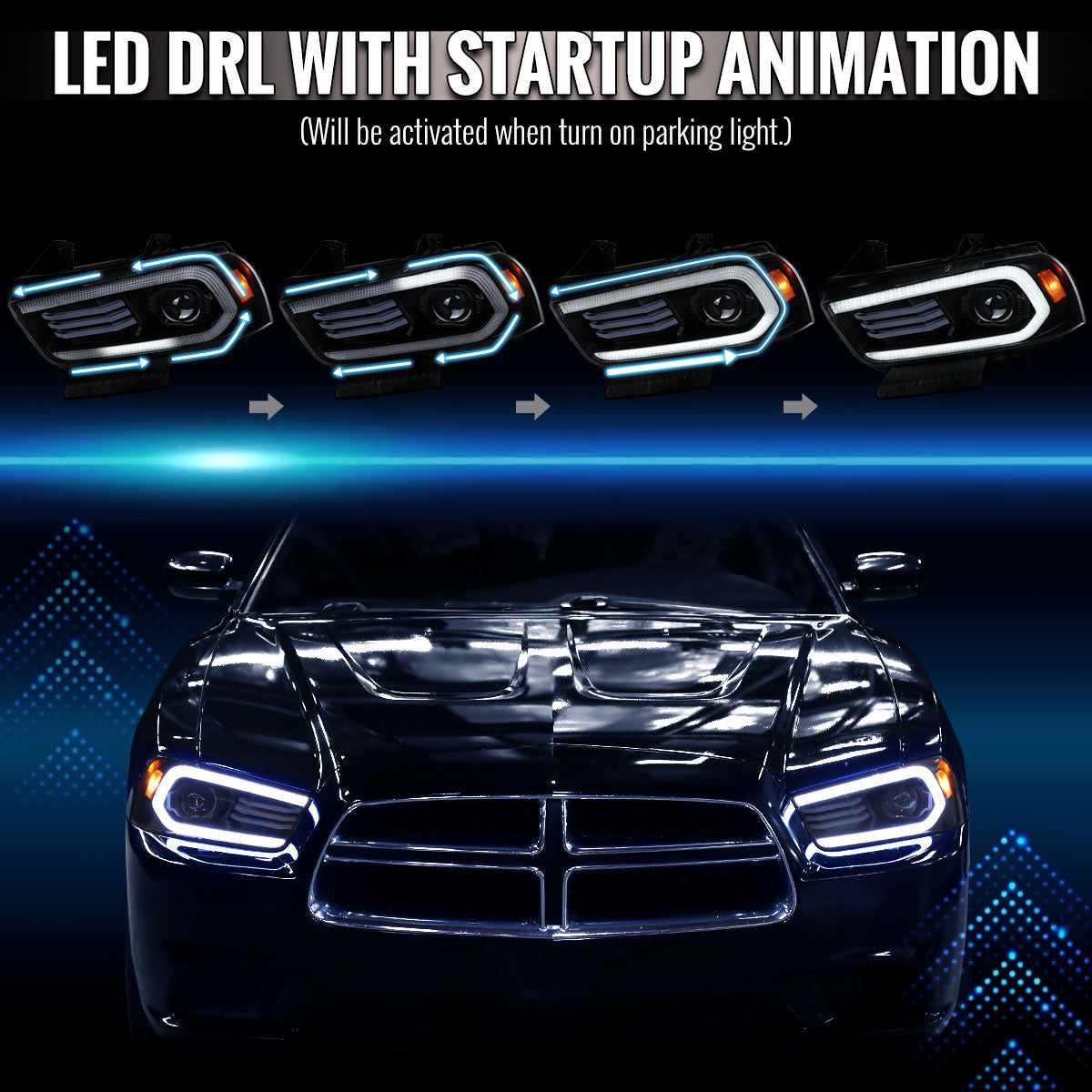 2011-2014 Dodge Charger LD HID Projector Headlights w/ LED DRL Light Strip Sequential Turn Signal and Side Marker (Black Housing / Clear Lens)