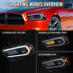 2011-2014 Dodge Charger LD HID Projector Headlights w/ LED DRL Light Strip Sequential Turn Signal and Side Marker (Black Housing / Clear Lens)