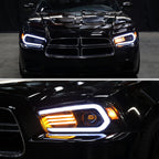 2011-2014 Dodge Charger LD HID Projector Headlights w/ LED DRL Light Strip Sequential Turn Signal and Side Marker (Black Housing / Clear Lens)