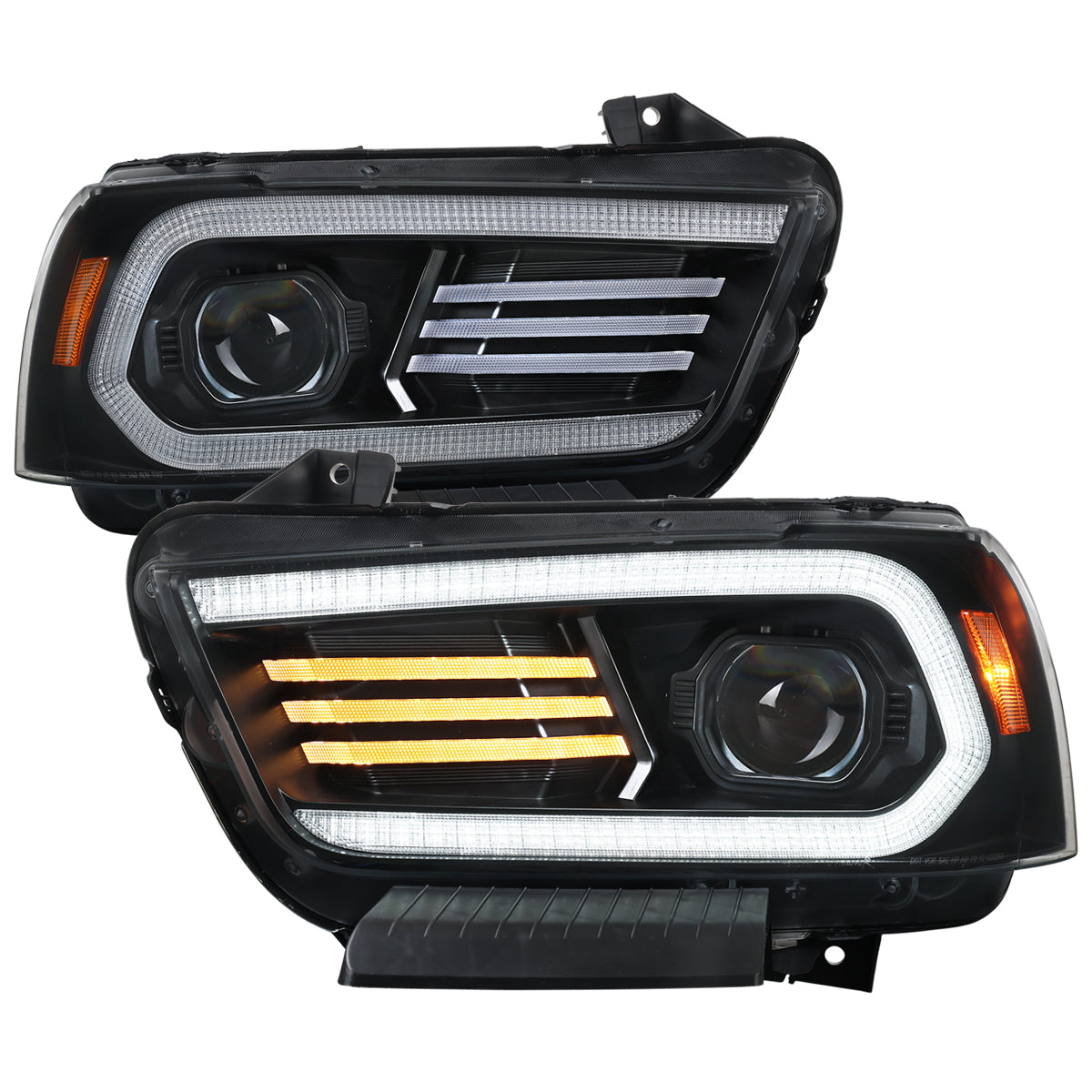 2011-2014 Dodge Charger LD HID Projector Headlights w/ LED DRL Light Strip Sequential Turn Signal and Side Marker (Black Housing / Clear Lens)