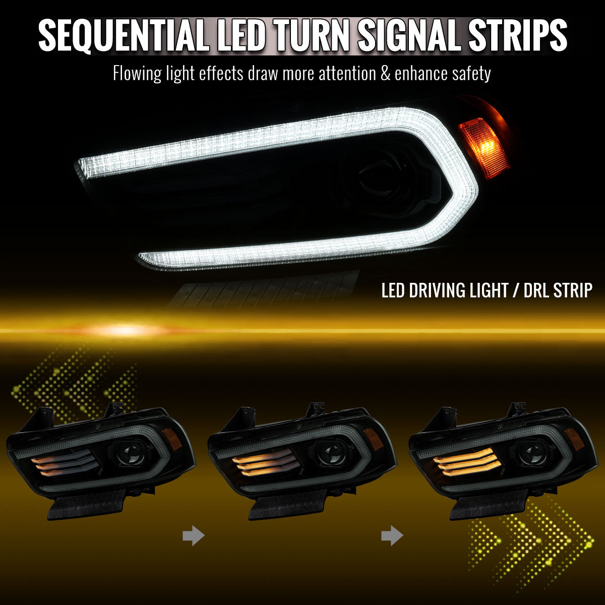 2011-2014 Dodge Charger LD HID Projector Headlights w/ LED DRL Light Strip Sequential Turn Signal and Side Marker (Black Housing / Smoked Lens)