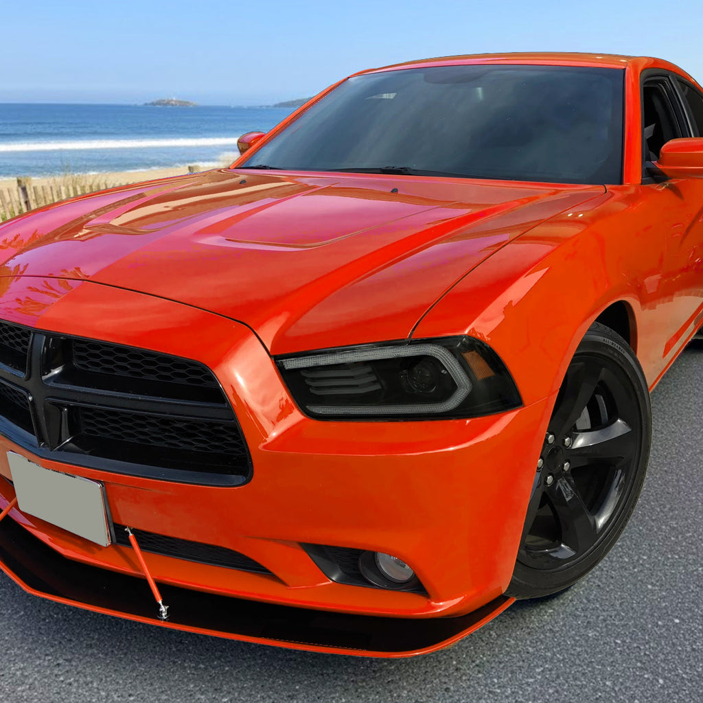 2011-2014 Dodge Charger LD HID Projector Headlights w/ LED DRL Light Strip Sequential Turn Signal and Side Marker (Black Housing / Smoked Lens)
