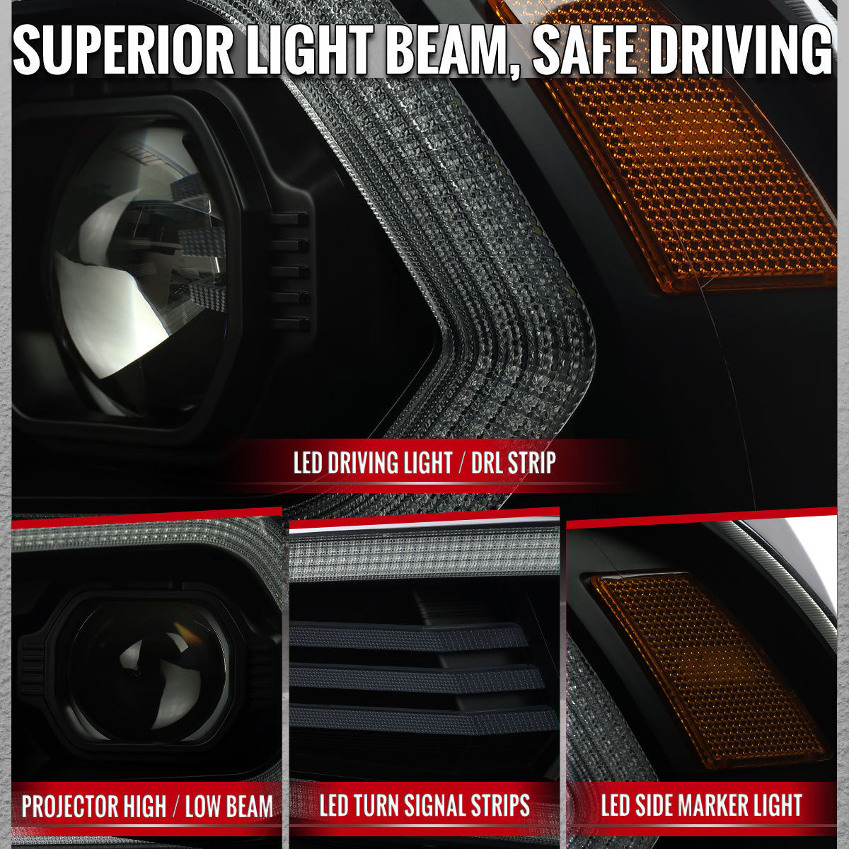 2011-2014 Dodge Charger LD HID Projector Headlights w/ LED DRL Light Strip Sequential Turn Signal and Side Marker (Black Housing / Smoked Lens)