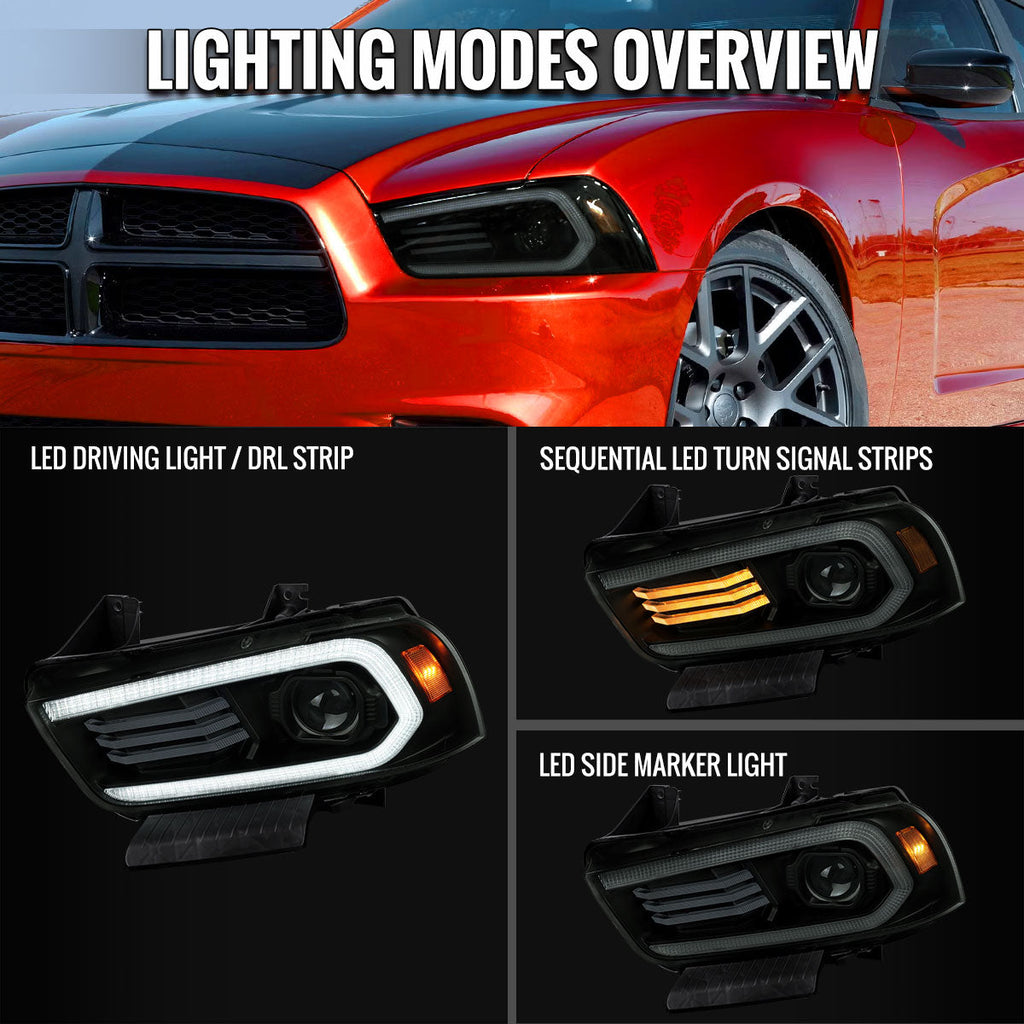 2011-2014 Dodge Charger LD HID Projector Headlights w/ LED DRL Light Strip Sequential Turn Signal and Side Marker (Black Housing / Smoked Lens)