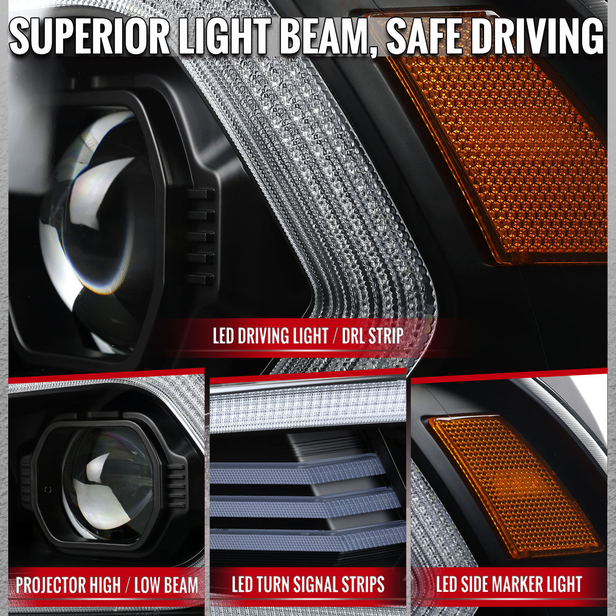 2011-2014 Dodge Charger LD Projector Headlights w/ LED DRL Light Strip Sequential Turn Signal and Side Marker (Black Housing / Clear Lens)
