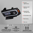 2011-2014 Dodge Charger LD Projector Headlights w/ LED DRL Light Strip Sequential Turn Signal and Side Marker (Black Housing / Clear Lens)