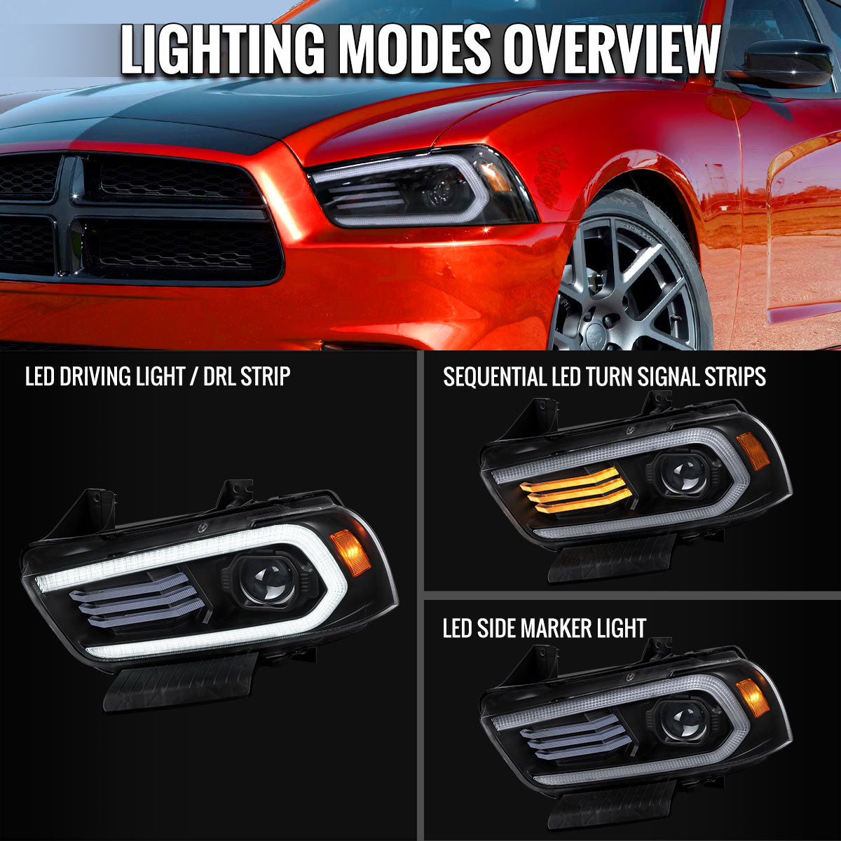 2011-2014 Dodge Charger LD Projector Headlights w/ LED DRL Light Strip Sequential Turn Signal and Side Marker (Black Housing / Clear Lens)