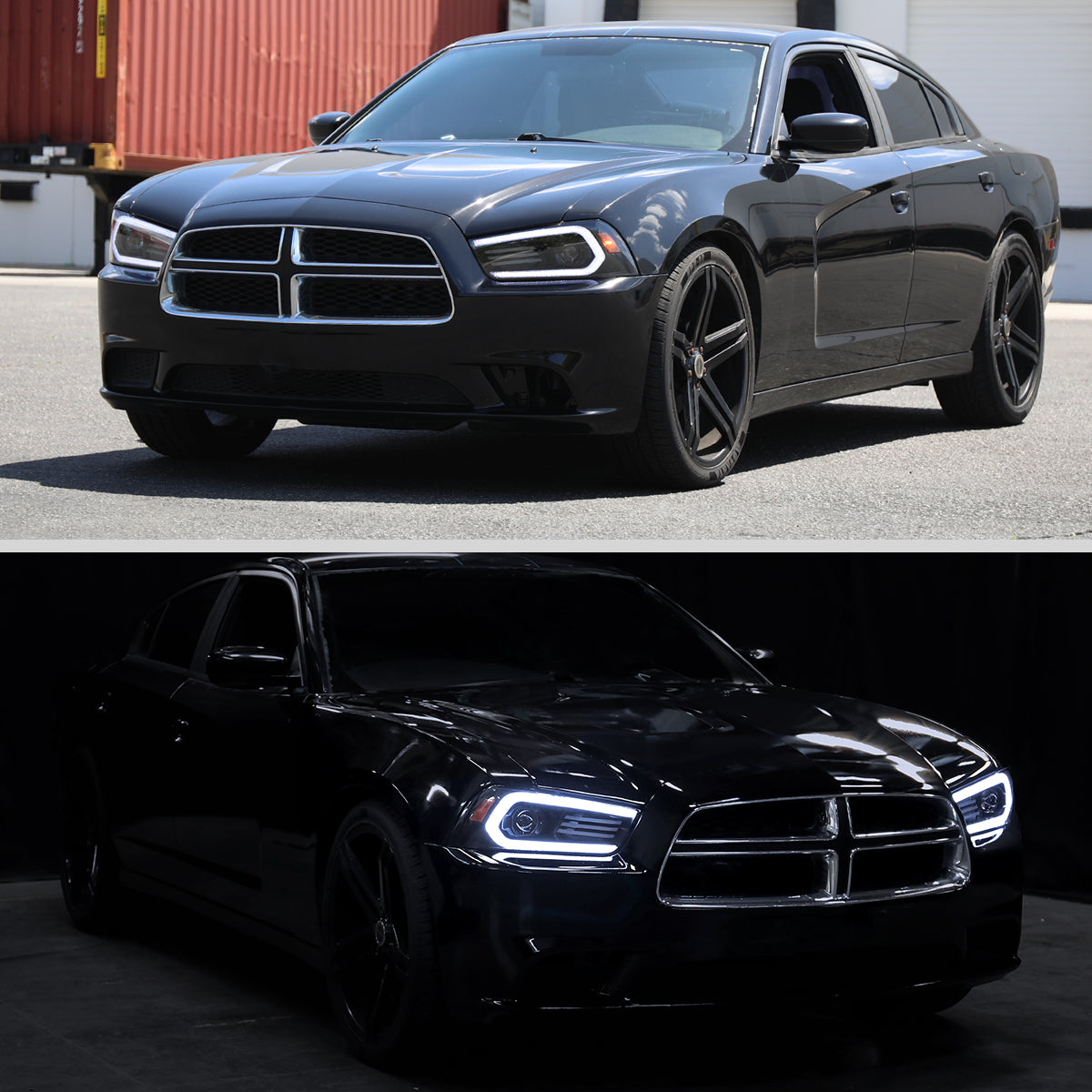 2011-2014 Dodge Charger LD Projector Headlights w/ LED DRL Light Strip Sequential Turn Signal and Side Marker (Black Housing / Clear Lens)