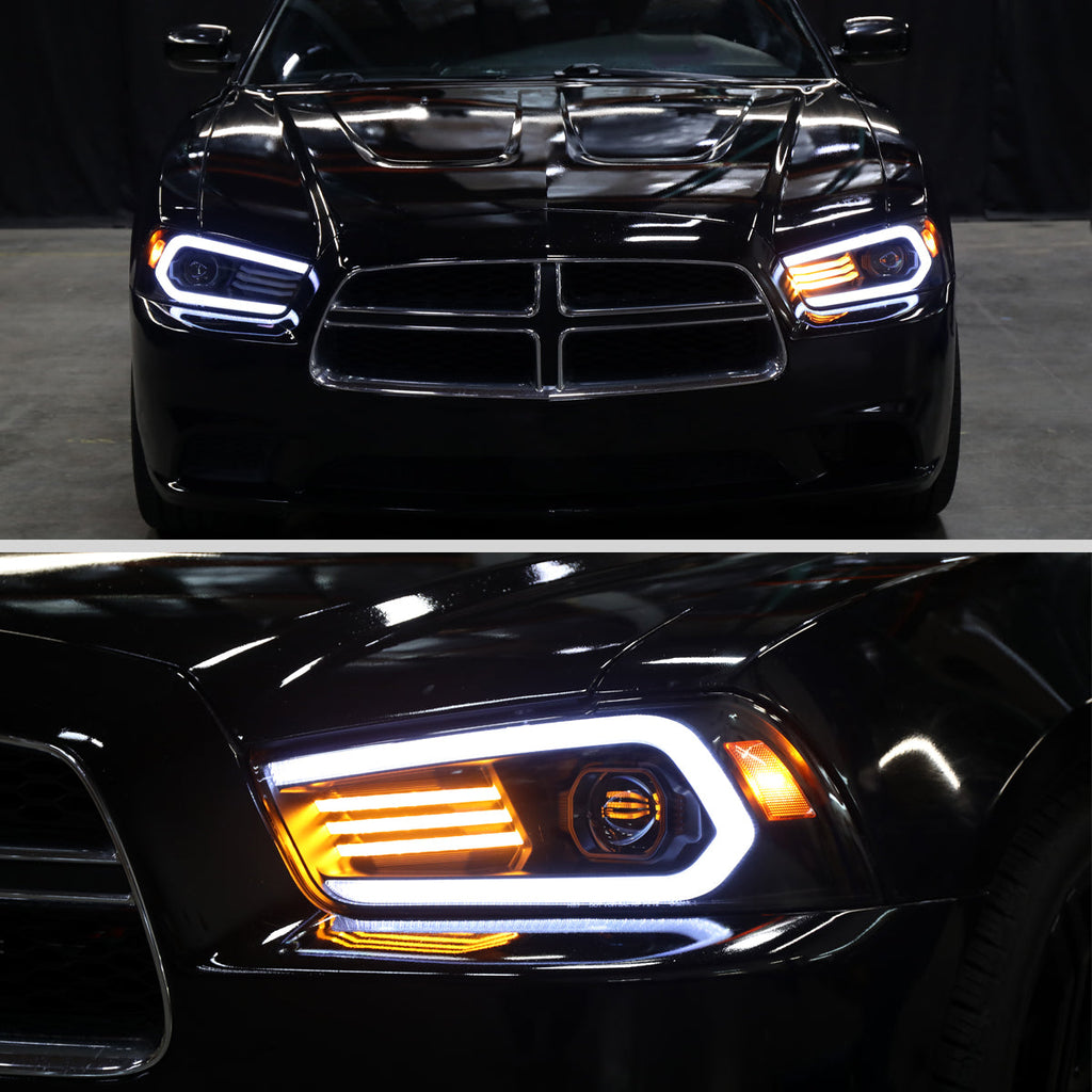 2011-2014 Dodge Charger LD Projector Headlights w/ LED DRL Light Strip Sequential Turn Signal and Side Marker (Black Housing / Clear Lens)