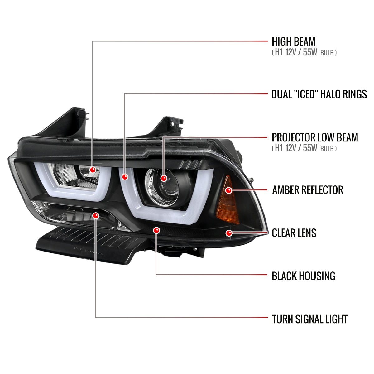 2011-2014 Dodge Charger LD Dual Halo Projector Headlights (Matte Black Housing / Clear Lens)