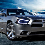 2011-2014 Dodge Charger LD Projector Headlights w/ LED DRL Light Strip Sequential Turn Signal and Side Marker (Black Housing / Smoked Lens)