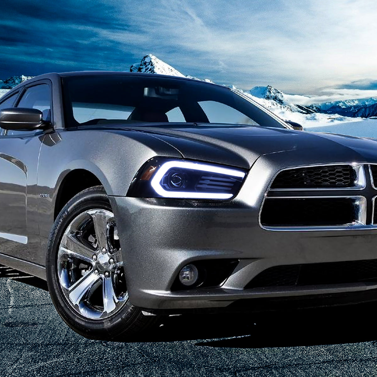 2011-2014 Dodge Charger LD Projector Headlights w/ LED DRL Light Strip Sequential Turn Signal and Side Marker (Black Housing / Smoked Lens)
