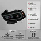 2011-2014 Dodge Charger LD Projector Headlights w/ LED DRL Light Strip Sequential Turn Signal and Side Marker (Black Housing / Smoked Lens)