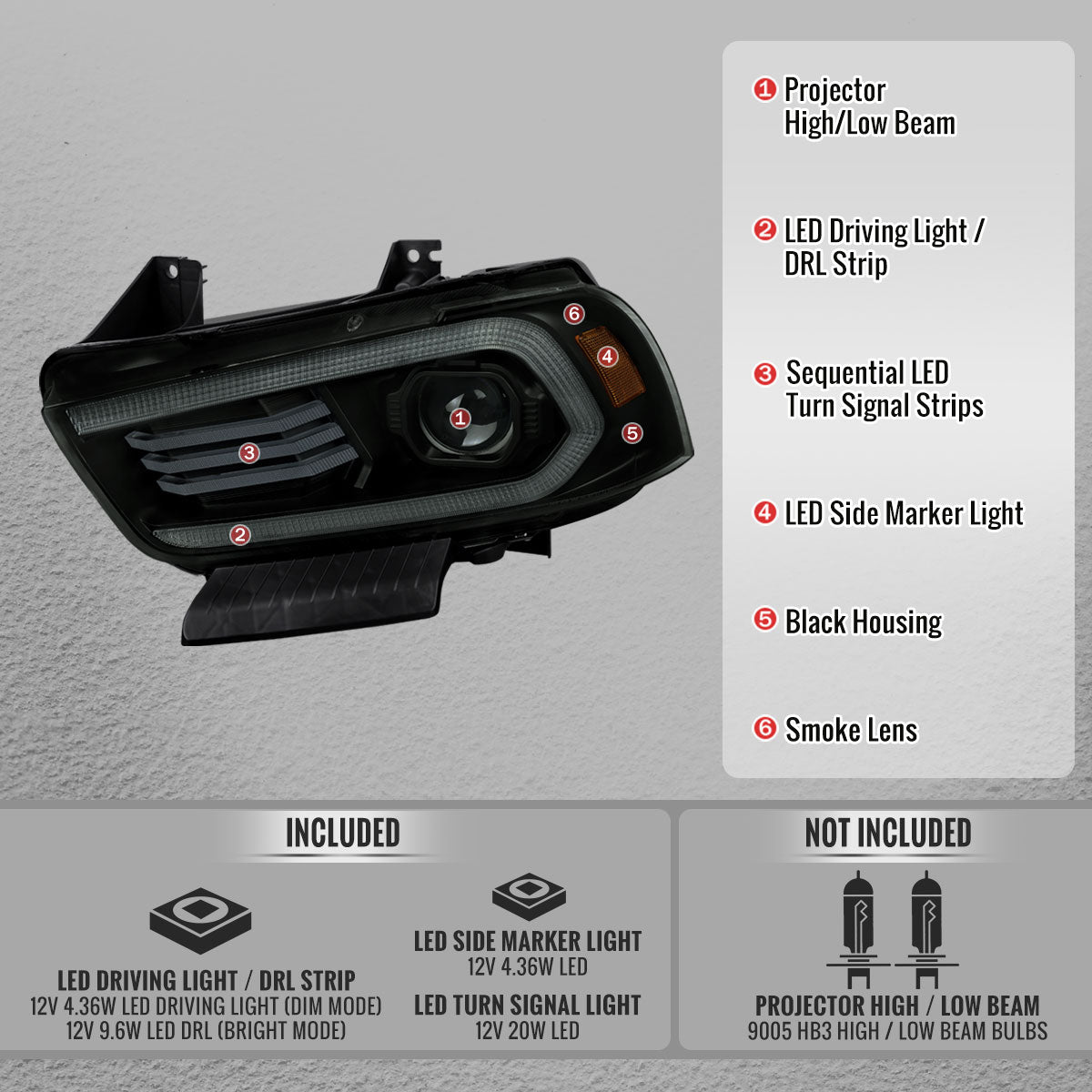 2011-2014 Dodge Charger LD Projector Headlights w/ LED DRL Light Strip Sequential Turn Signal and Side Marker (Black Housing / Smoked Lens)