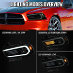 2011-2014 Dodge Charger LD Projector Headlights w/ LED DRL Light Strip Sequential Turn Signal and Side Marker (Black Housing / Smoked Lens)