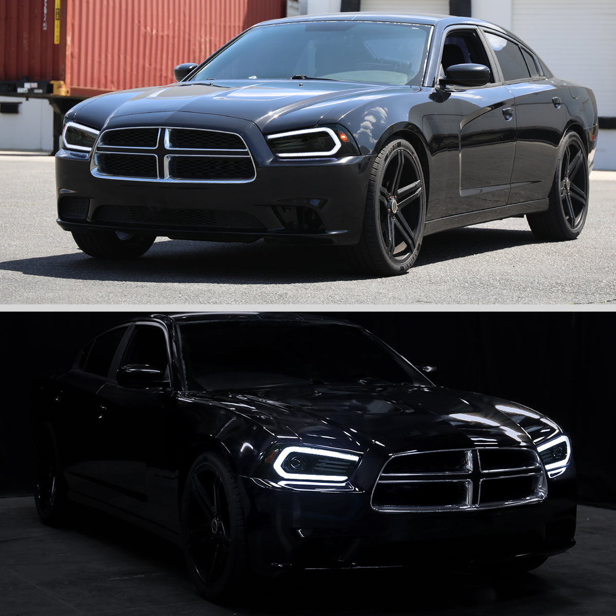 2011-2014 Dodge Charger LD Projector Headlights w/ LED DRL Light Strip Sequential Turn Signal and Side Marker (Black Housing / Smoked Lens)