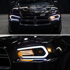 2011-2014 Dodge Charger LD Projector Headlights w/ LED DRL Light Strip Sequential Turn Signal and Side Marker (Black Housing / Smoked Lens)