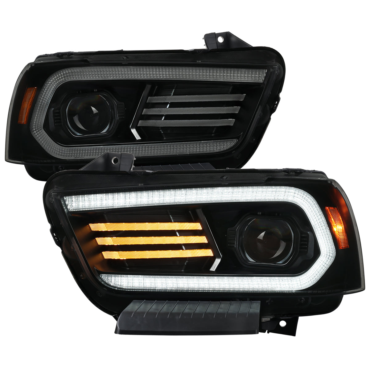 2011-2014 Dodge Charger LD Projector Headlights w/ LED DRL Light Strip Sequential Turn Signal and Side Marker (Black Housing / Smoked Lens)
