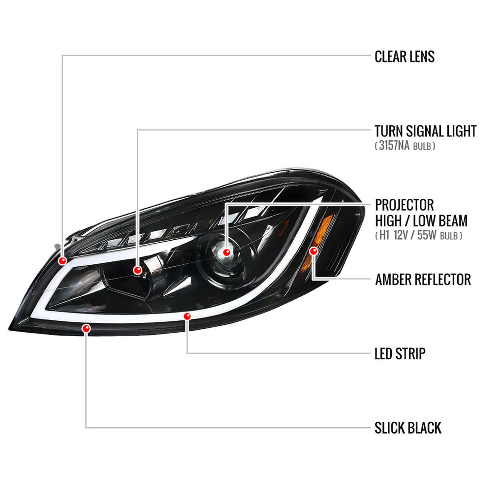 2006-2013 Chevrolet Impala / 2014-2015 Impala Limited / 2006-2007 Monte Carlo LED Bar Projector Headlights (Jet Black Housing / Clear Lens)