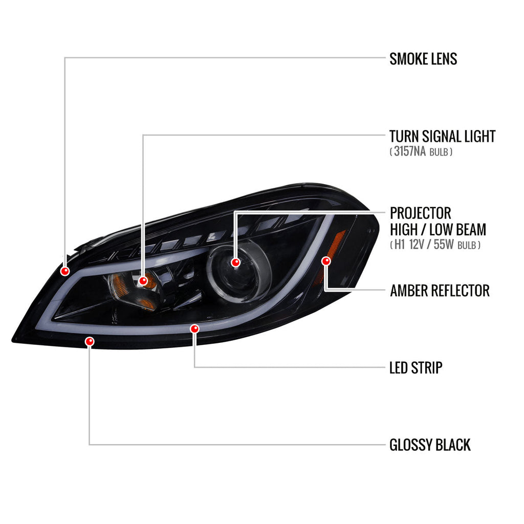 2006-2013 Chevrolet Impala / 2014-2015 Impala Limited / 2006-2007 Monte Carlo LED Bar Projector Headlights (Glossy Black Housing / Smoked Lens)