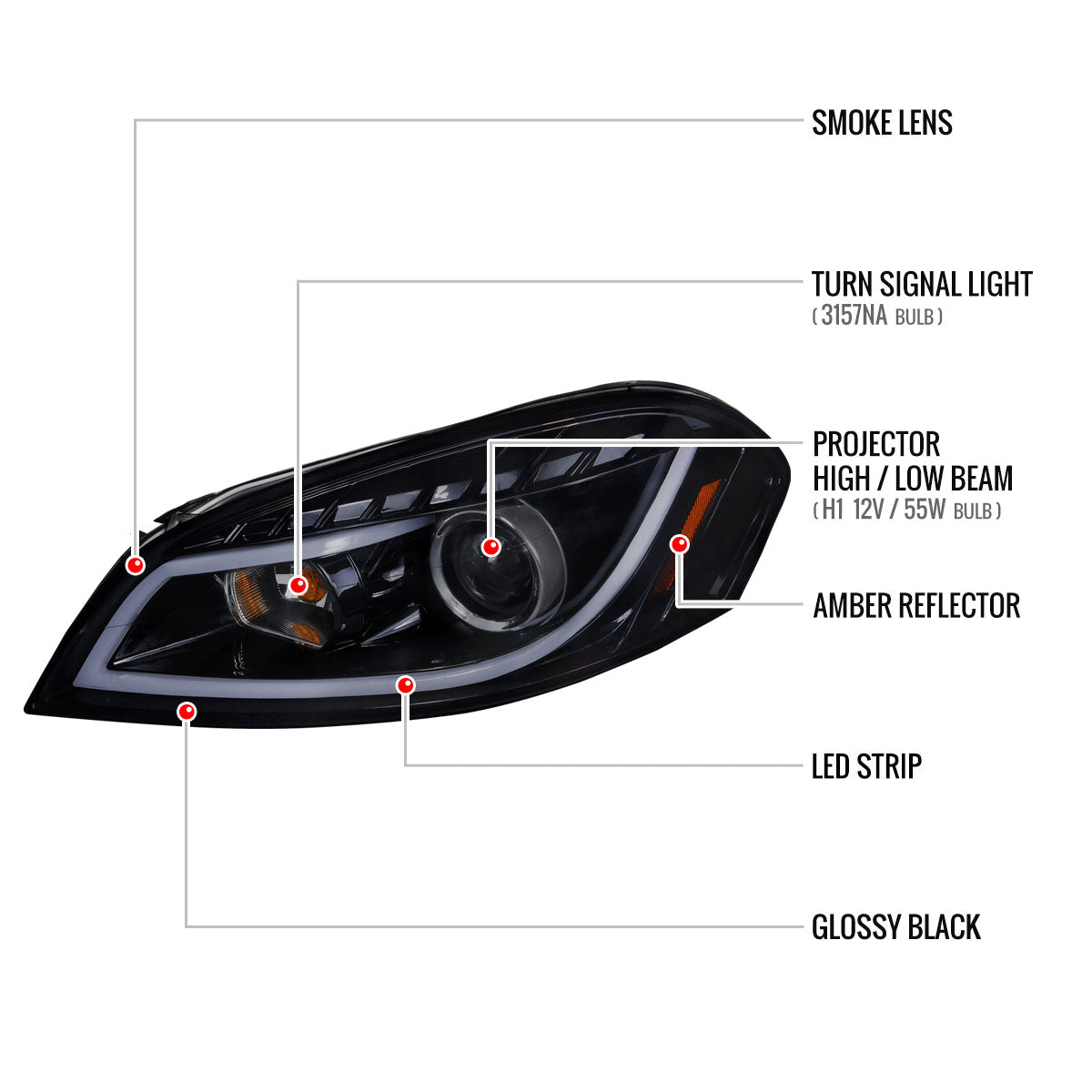 2006-2013 Chevrolet Impala / 2014-2015 Impala Limited / 2006-2007 Monte Carlo LED Bar Projector Headlights (Glossy Black Housing / Smoked Lens)