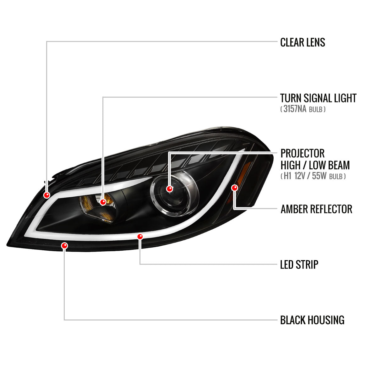 2006-2013 Chevrolet Impala / 2014-2015 Impala Limited / 2006-2007 Monte Carlo LED Bar Projector Headlights (Matte Black Housing / Clear Lens)