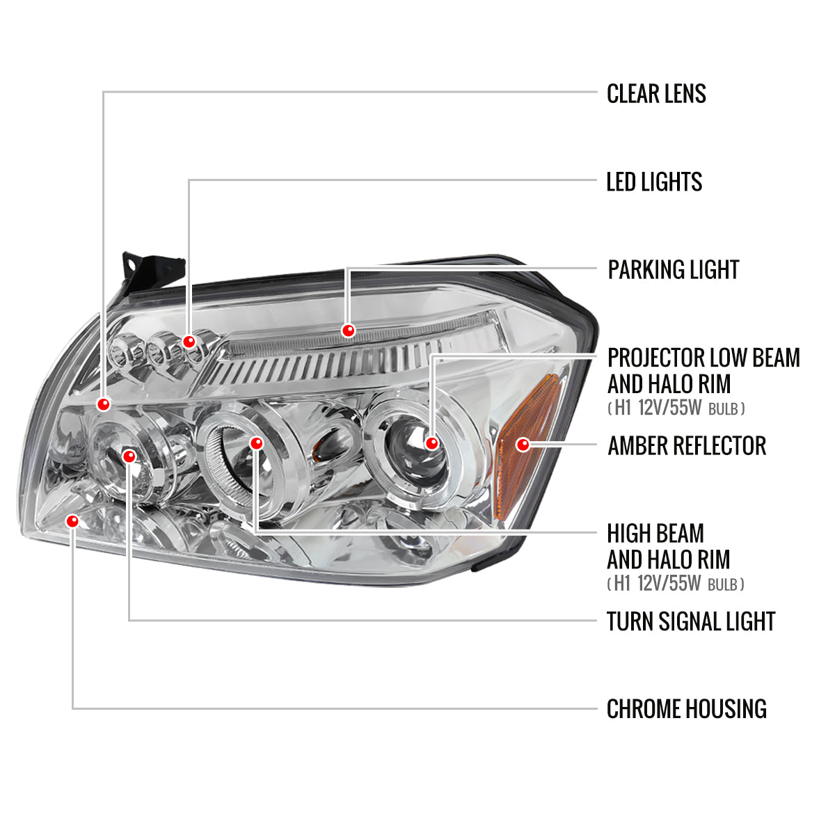 2005-2007 Dodge Magnum Dual Halo Projector Headlights (Chrome Housing / Clear Lens)