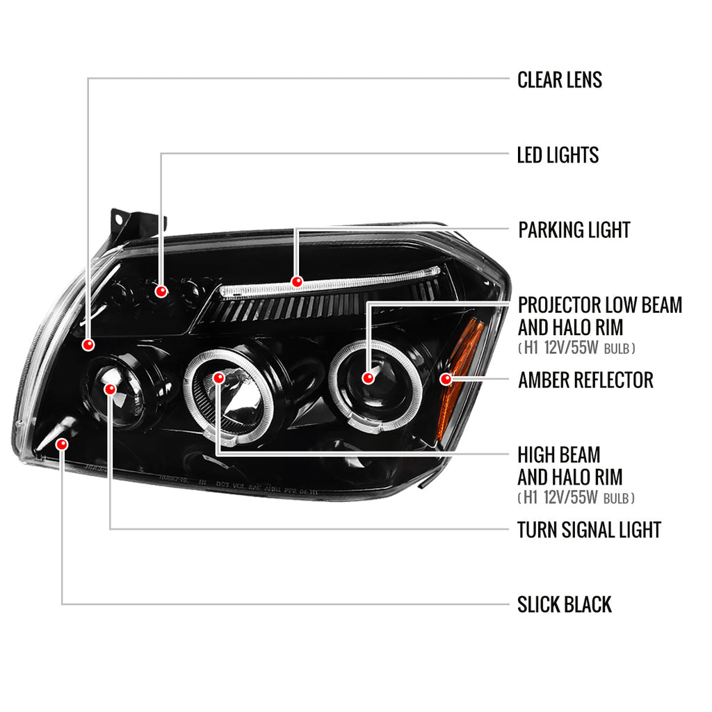 2005-2007 Dodge Magnum Dual Halo Projector Headlights (Jet Black Housing / Clear Lens)