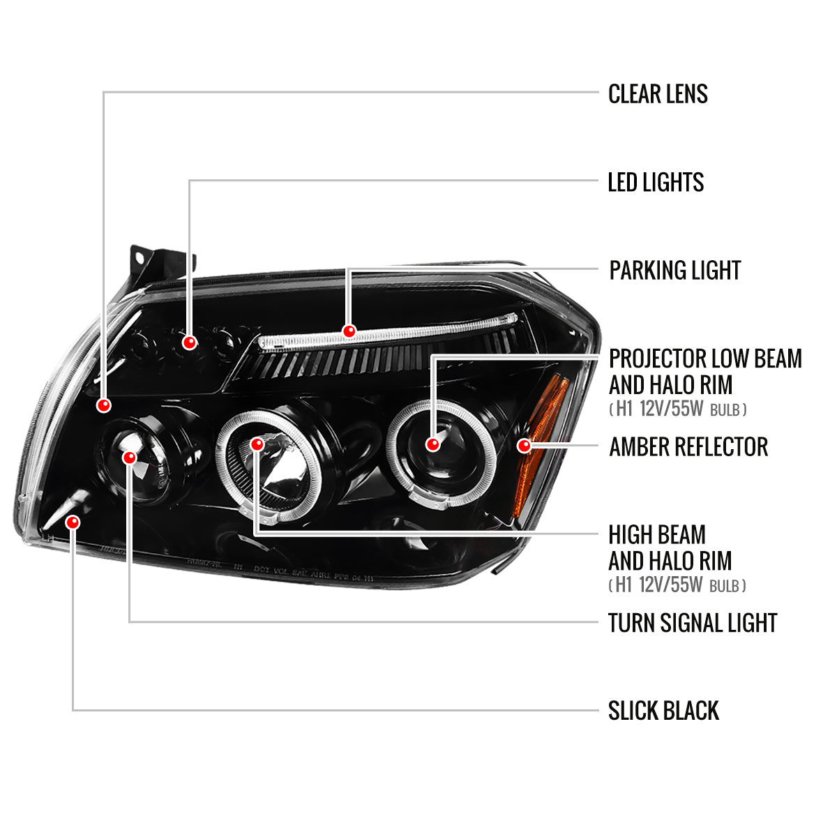 2005-2007 Dodge Magnum Dual Halo Projector Headlights (Jet Black Housing / Clear Lens)