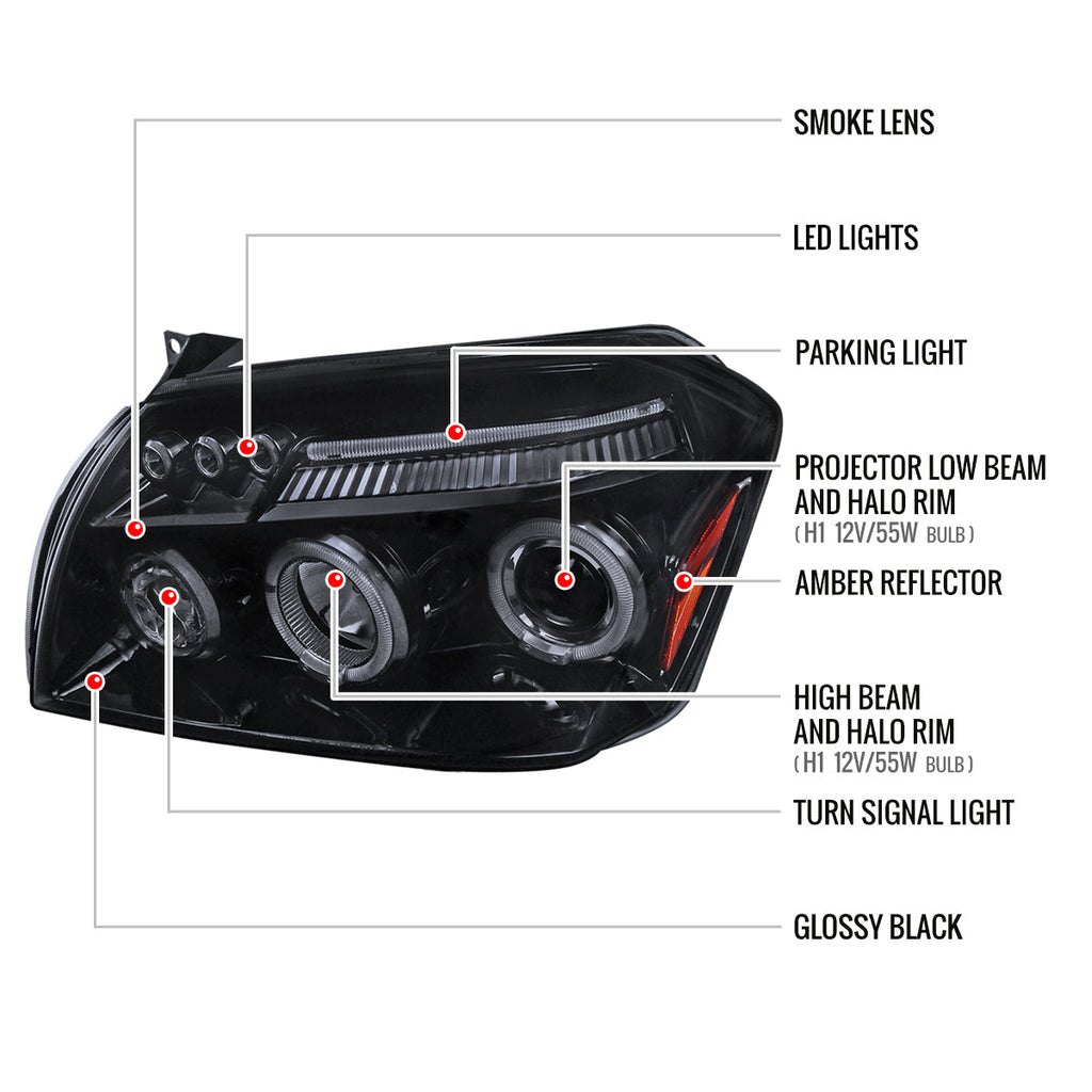 2005-2007 Dodge Magnum Dual Halo Projector Headlights (Glossy Black Housing / Smoked Lens)