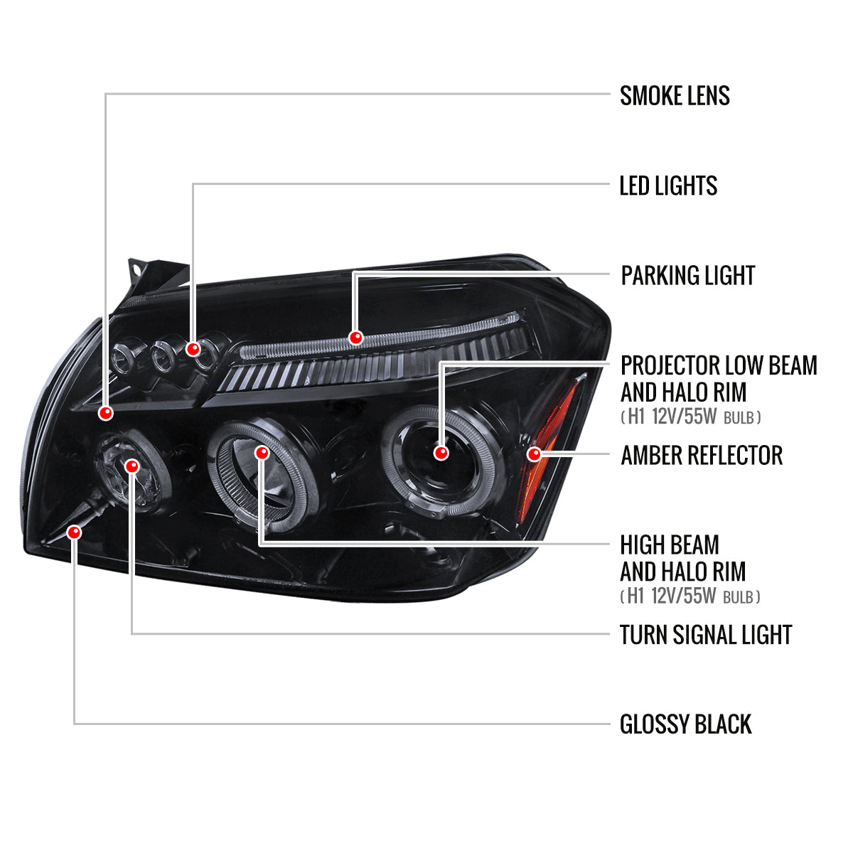 2005-2007 Dodge Magnum Dual Halo Projector Headlights (Glossy Black Housing / Smoked Lens)